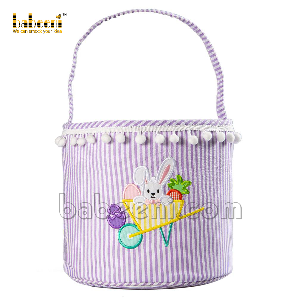 Violet medium stripe seersucker bag with appliqued rabbits - KB 38